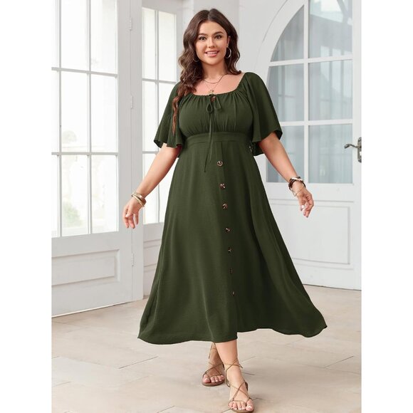 Plus Size Summer Dress Short Sleeve Square Neck Tie Front Boho Maxi - Picture 3 of 6